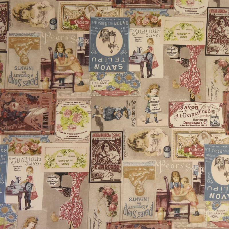 Tissu Toile Coton Beige Vintage Multicolore
