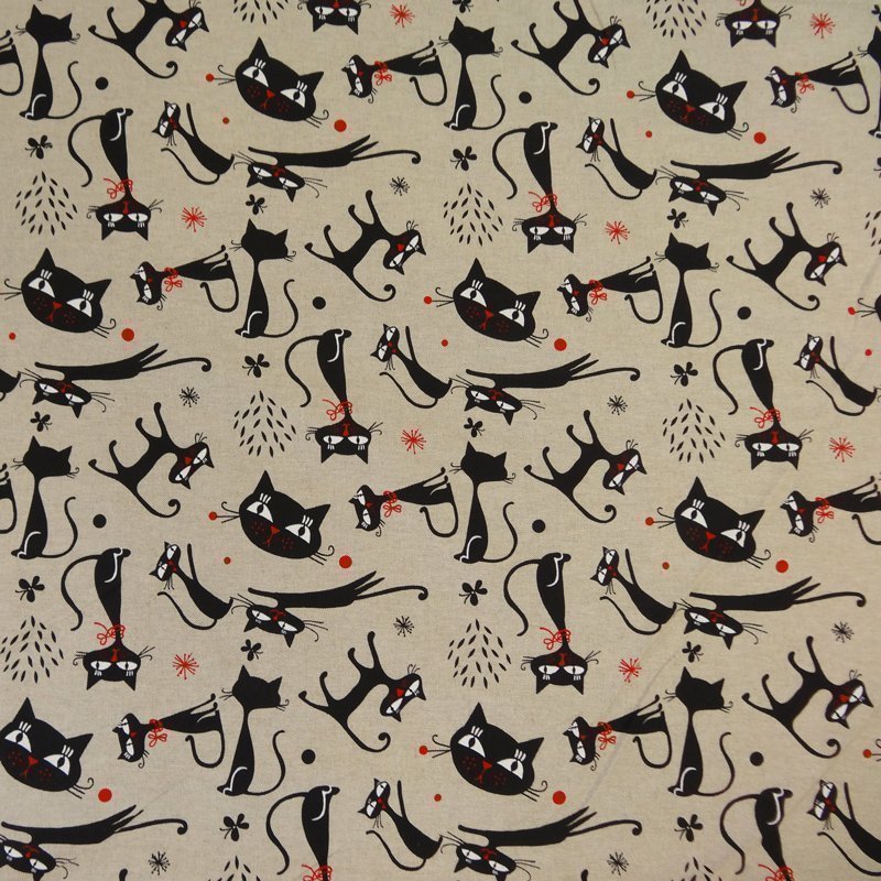 Tissu Toile Coton Beige Chats Noir