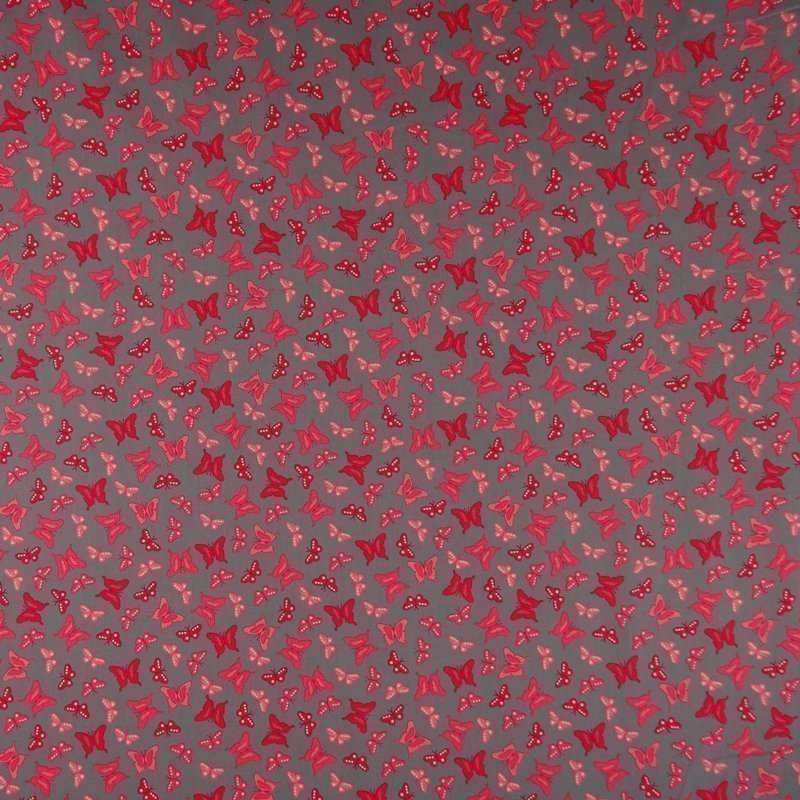 Tissu Popeline Coton Gris Papillons roses
