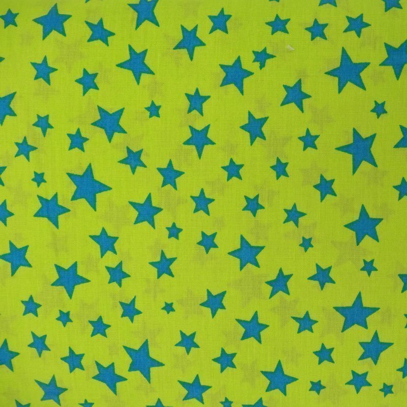 Tissu Coton Vert anis Etoiles Bleu turquoise