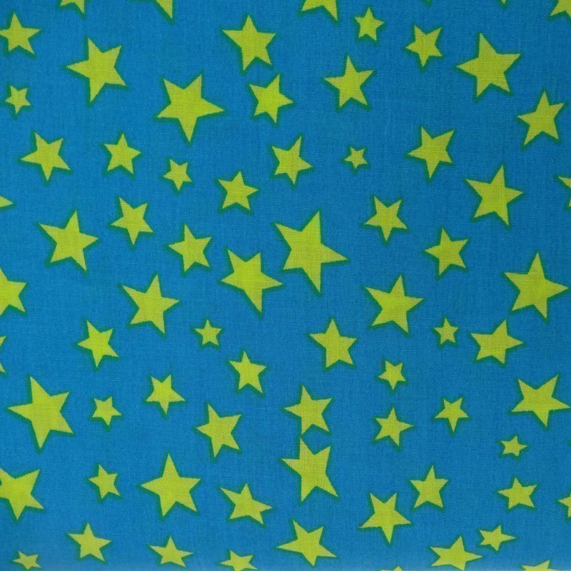 Tissu Coton Bleu turquoise Etoiles Vert anis