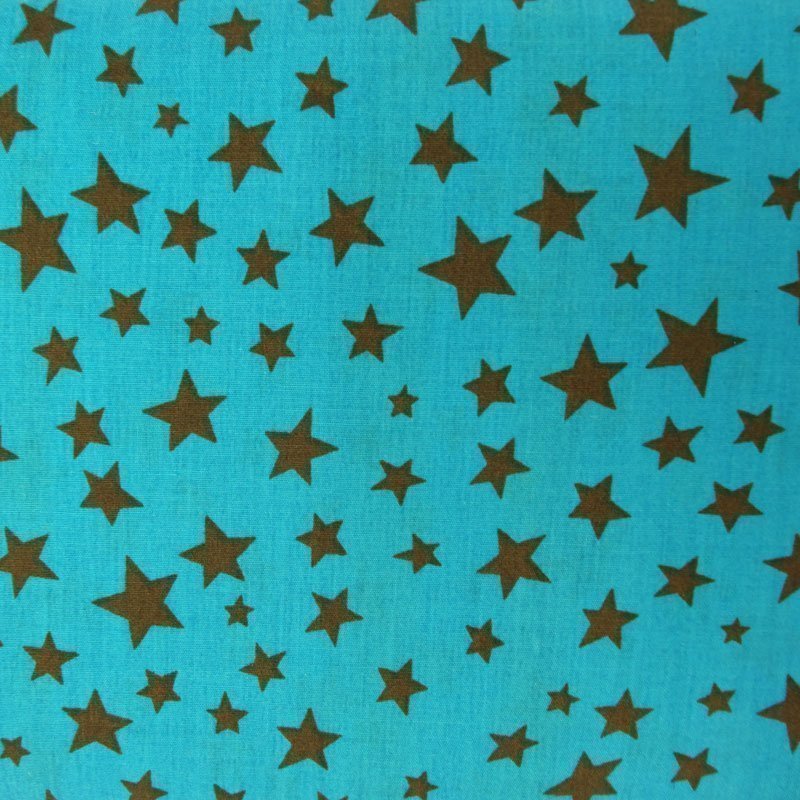 Tissu Coton Bleu turquoise Etoiles Marrons