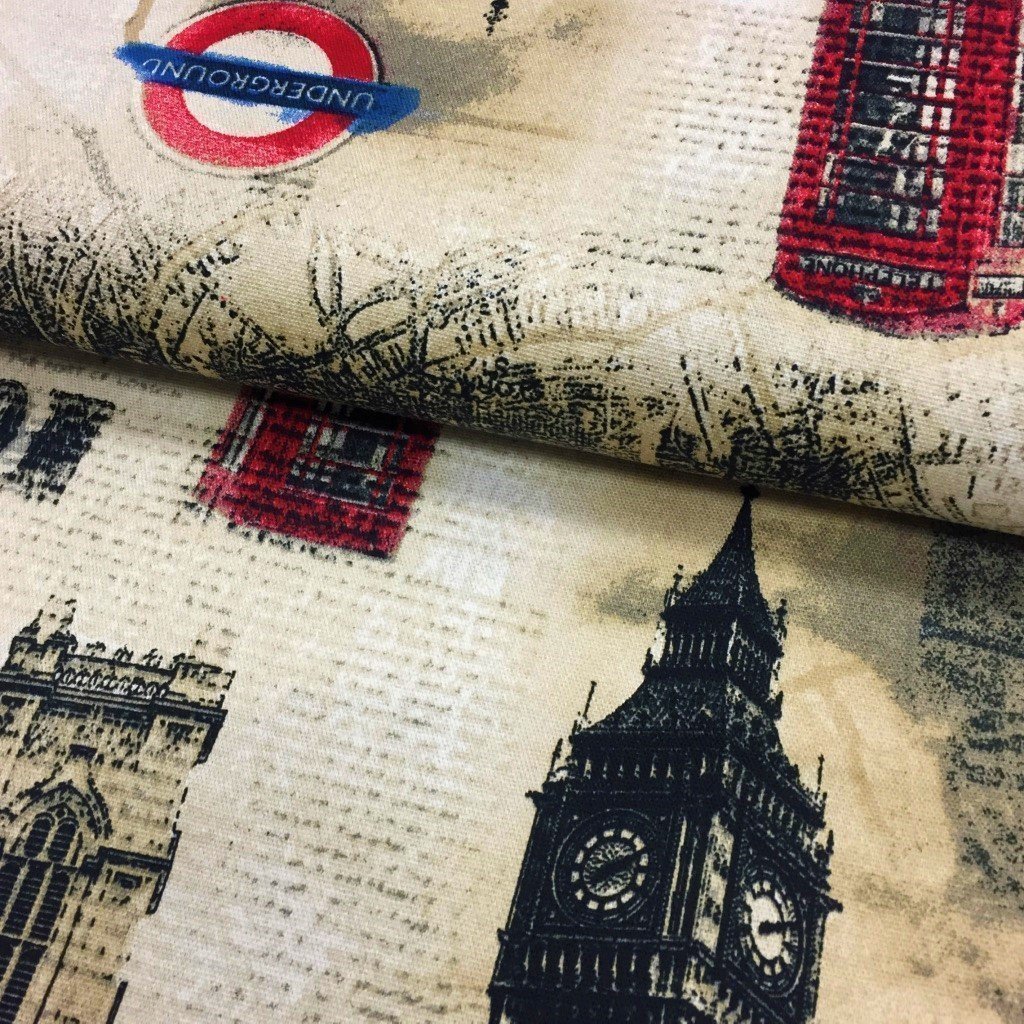Tissu Toile De Coton Beige Photos Londres Noires et rouges