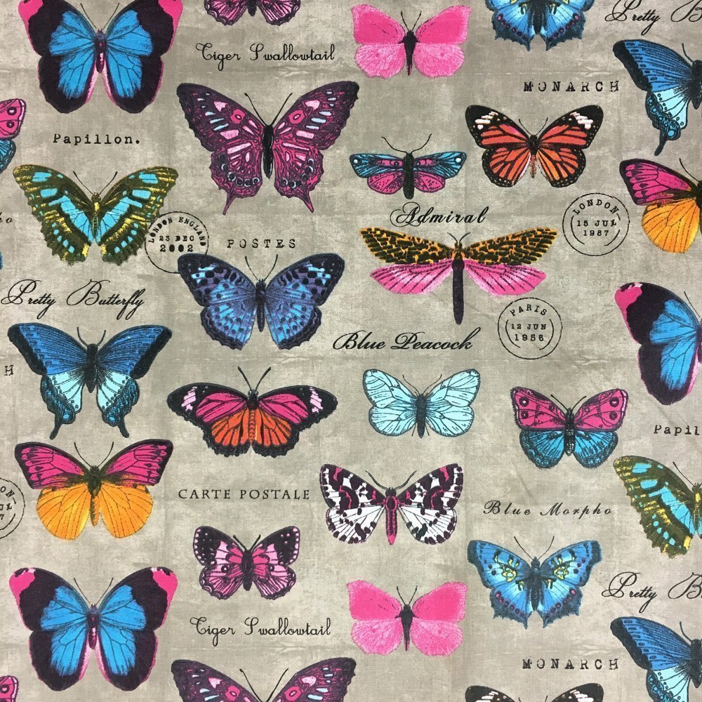 Tissu Coton Papillons multicolores Sable