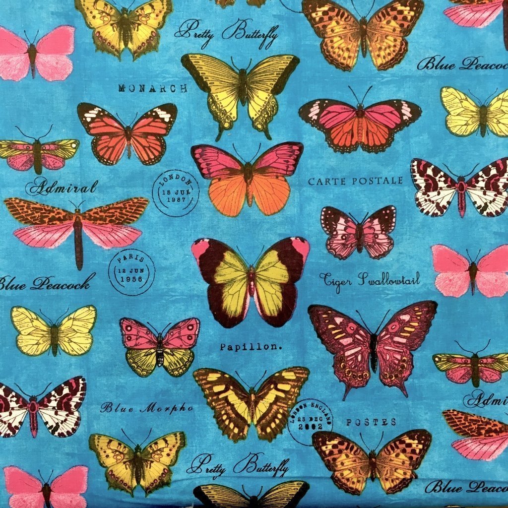 Tissu Coton Papillons multicolores Turquoise