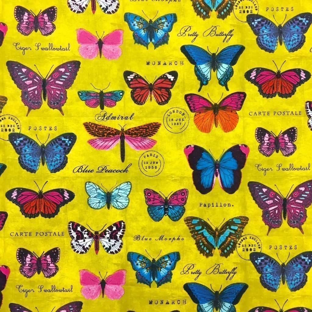 Tissu Coton Papillons multicolores Jaune
