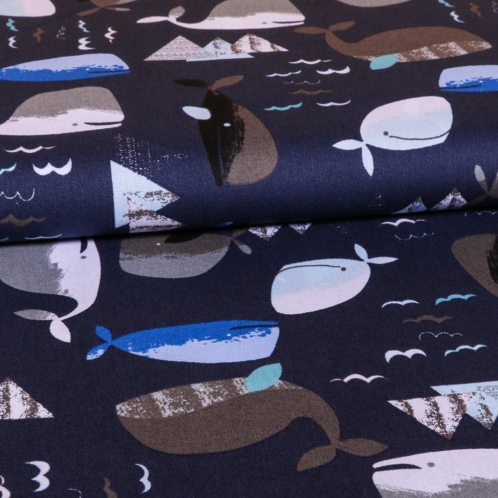 Tissu Coton LittleBird Marine Baleines Bleues et grises
