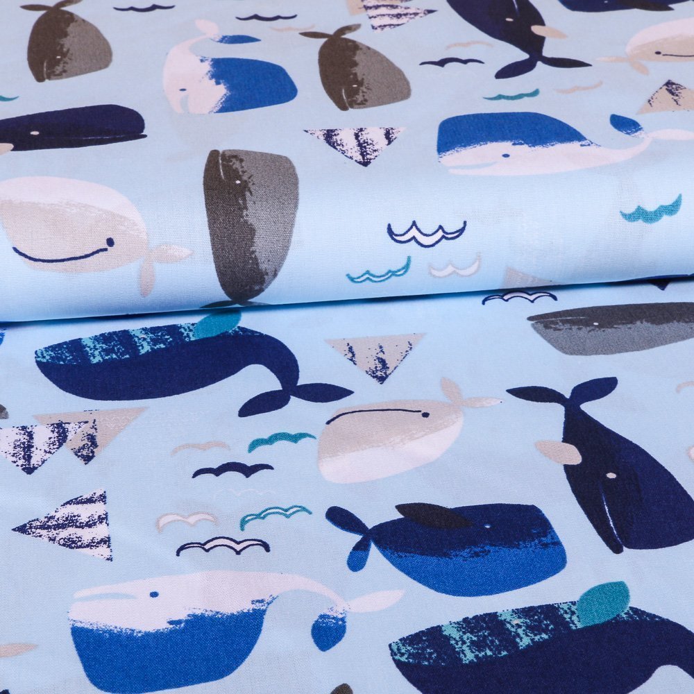 Tissu Coton LittleBird Bleu ciel Baleines Bleues et grises
