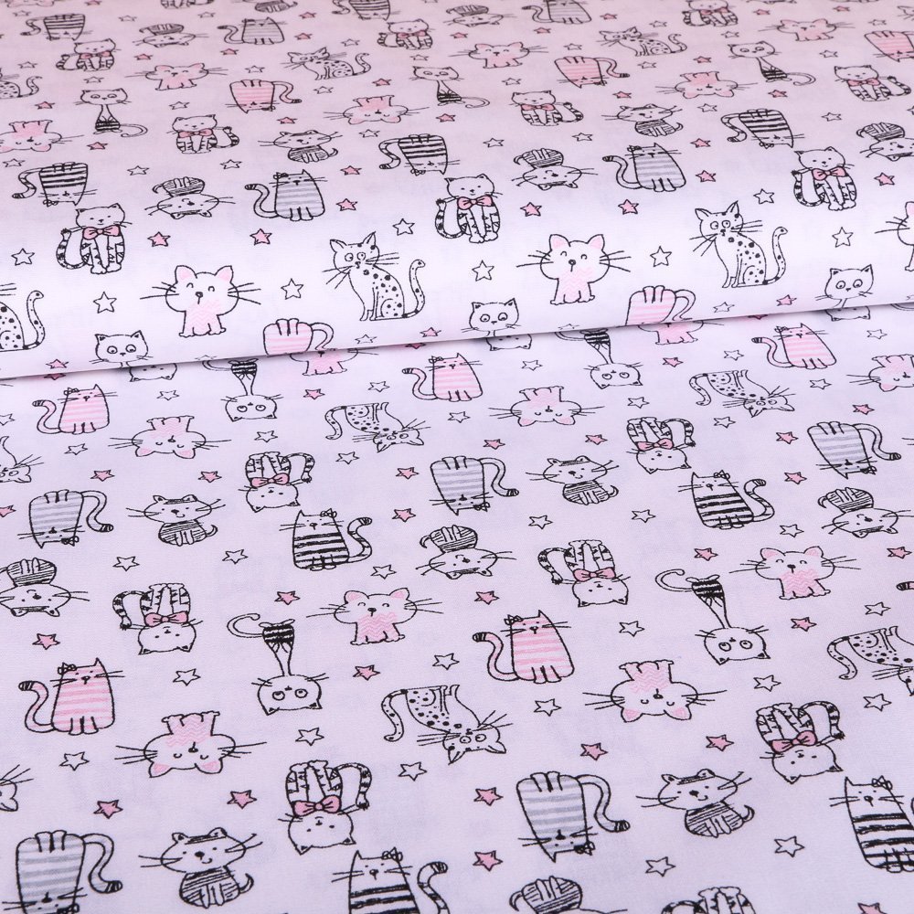 Tissu Coton LittleBird Blanc Chats Roses et gris