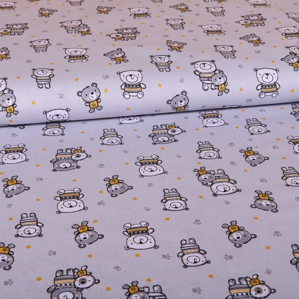Tissu Coton LittleBird Gris clair Oursons Gris et jaunes