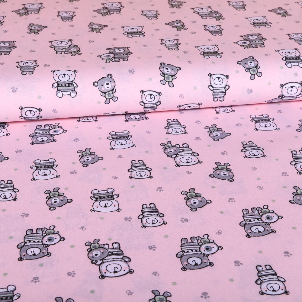 Tissu Coton LittleBird Rose Oursons Gris et blanc