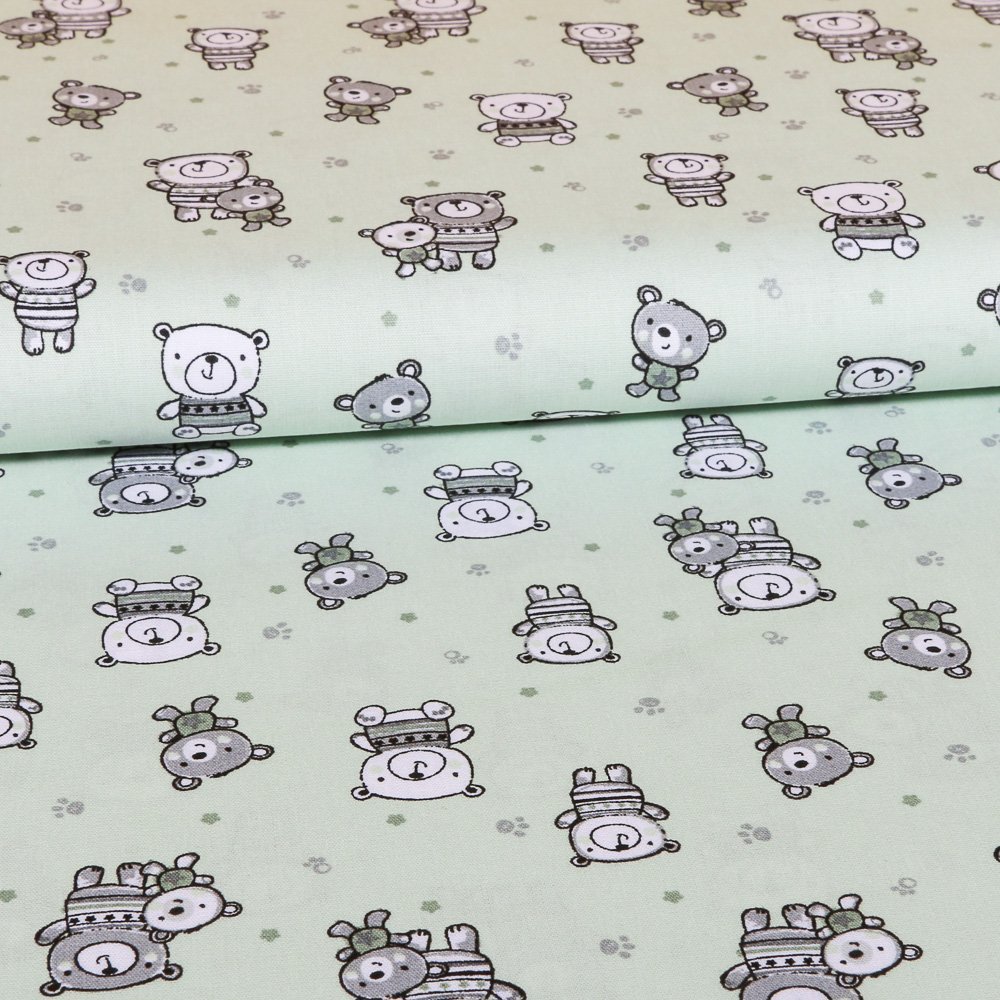 Tissu Coton LittleBird Vert pâle Oursons Gris et blanc