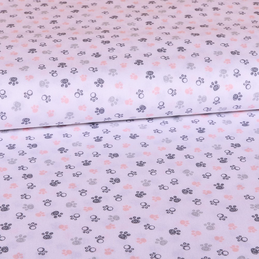 Tissu Coton LittleBird Blanc Trace de pattes Grises et roses