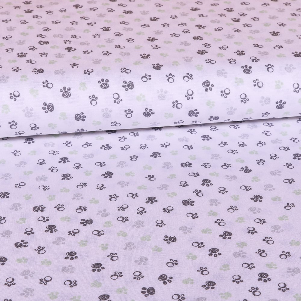 Tissu Coton LittleBird Blanc Trace de pattes Grises et vertes