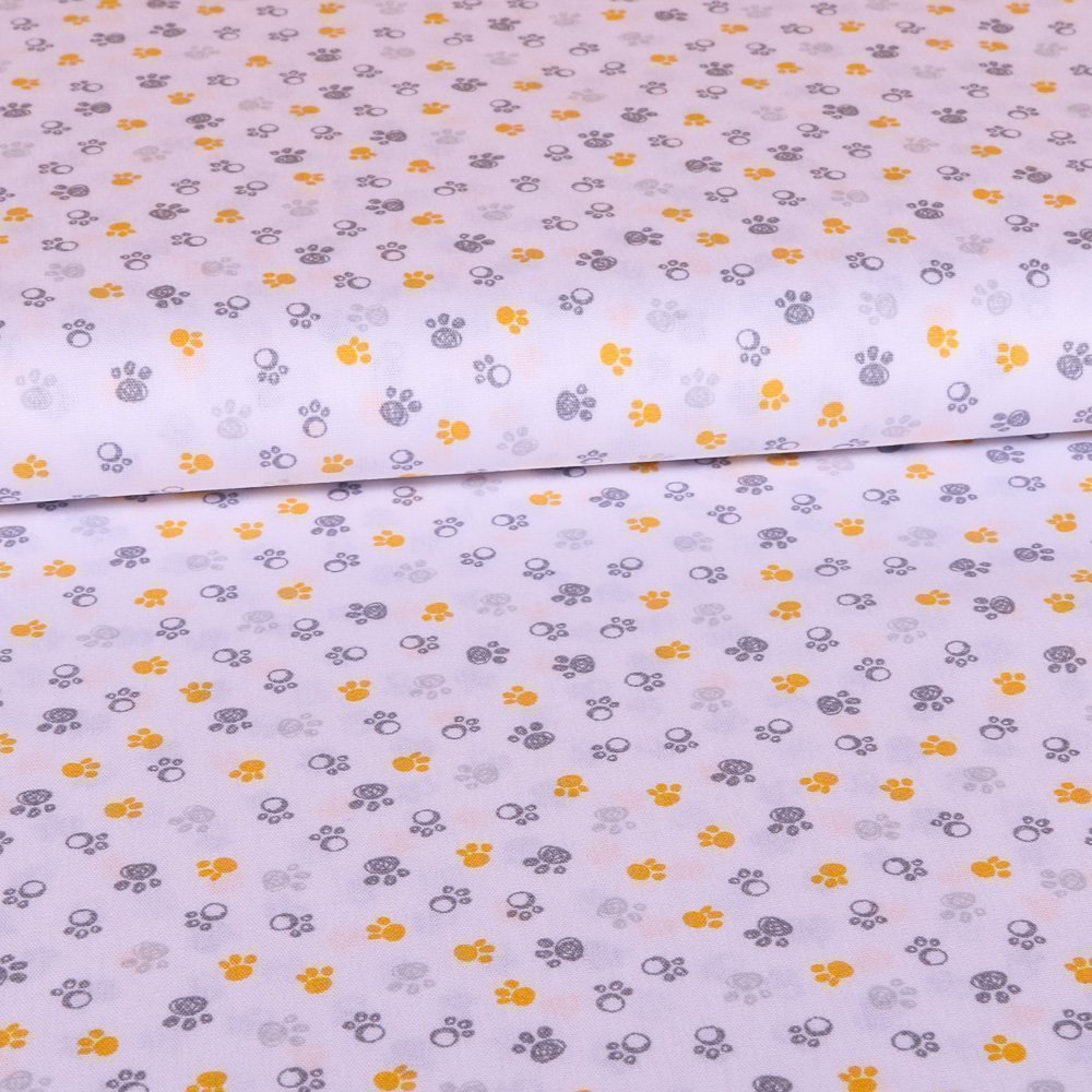 Tissu Coton LittleBird Blanc Trace de pattes Grises et jaunes