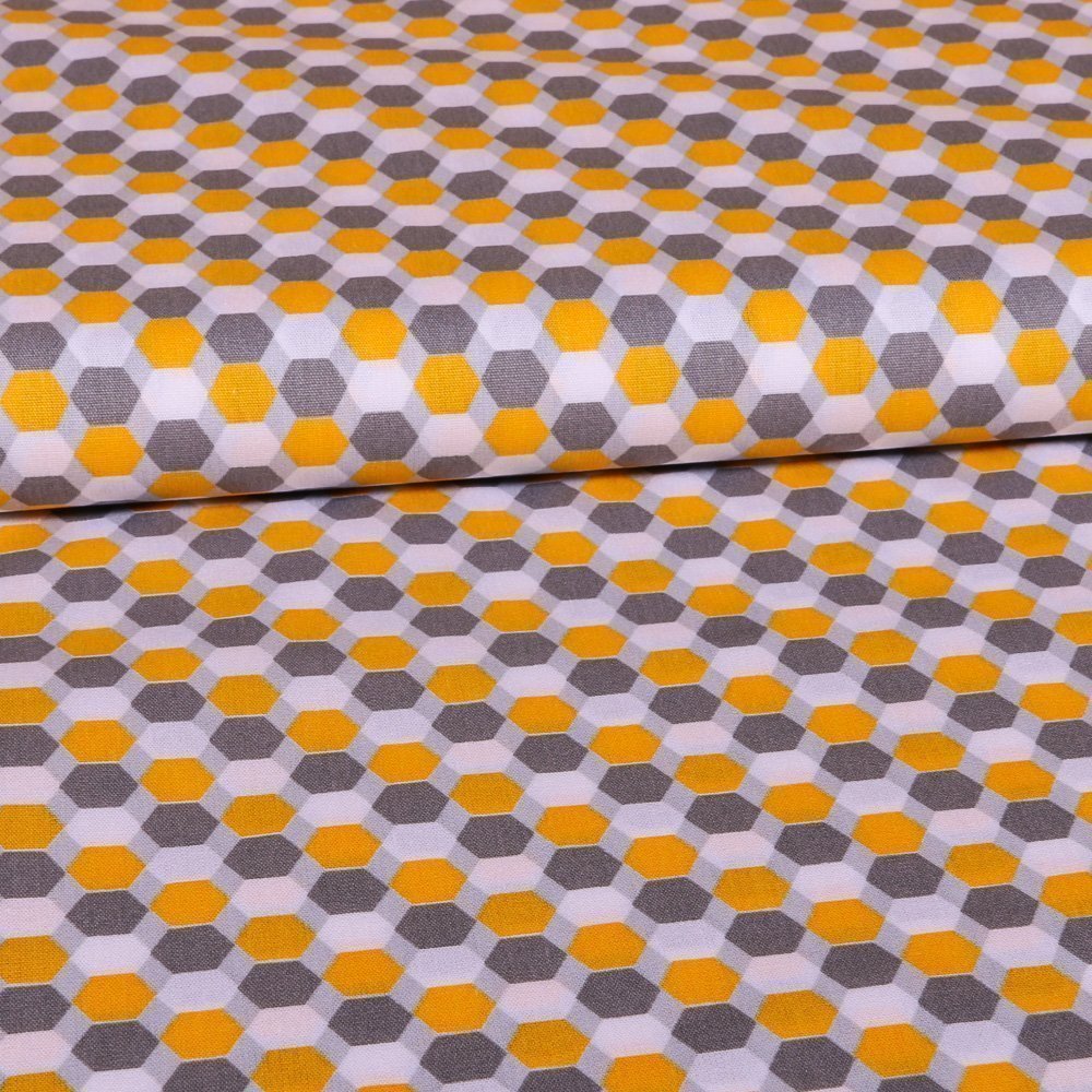 Tissu Coton LittleBird Polygone Gris, blancs et jaunes