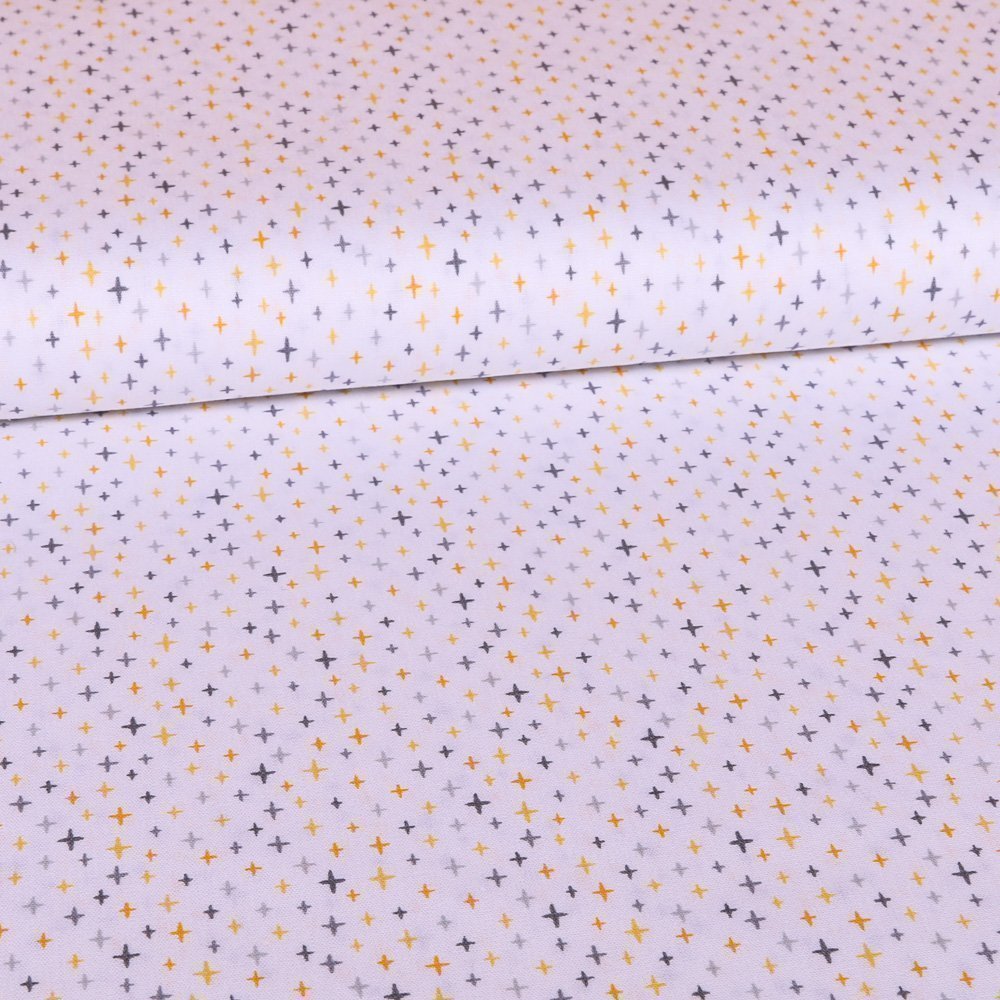 Tissu Coton LittleBird Blanc Etoiles brillantes Grises et jaunes