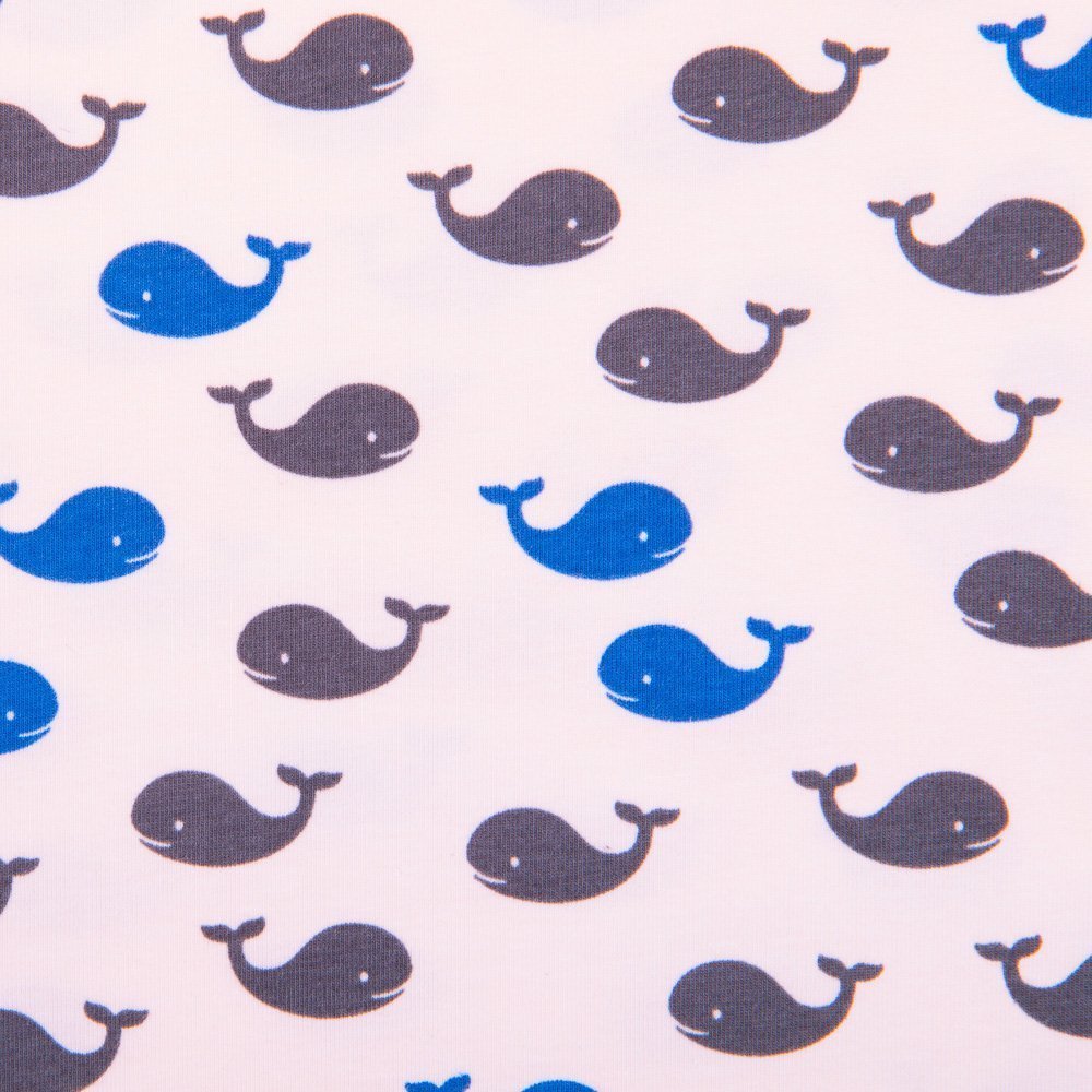 Tissu Jersey Coton Blanc cassé Baleines Noires et bleues