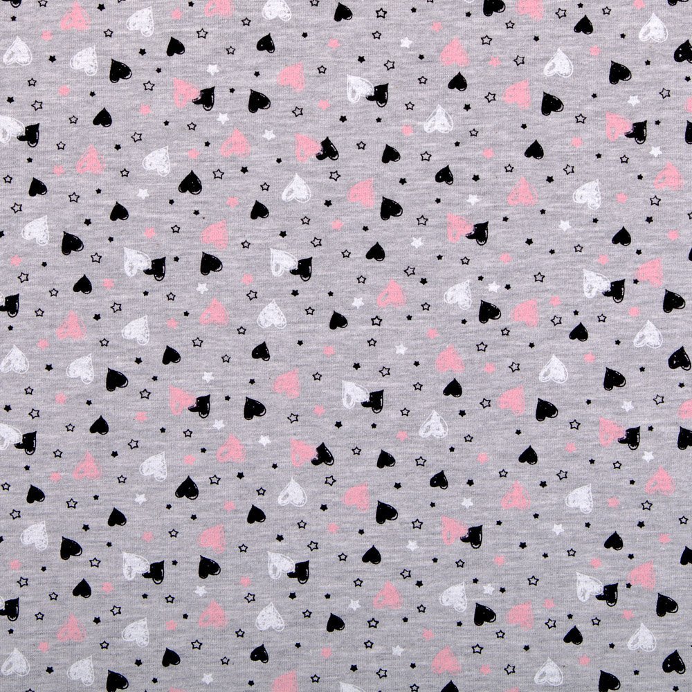 Tissu Jersey Coton Gris chiné Cœurs Noirs, blancs et roses