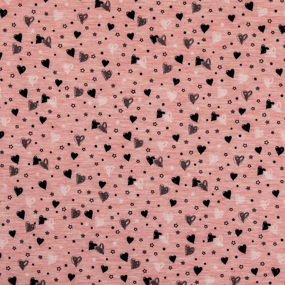 Tissu Jersey Coton Rose chiné Cœurs Noirs, blancs et gris