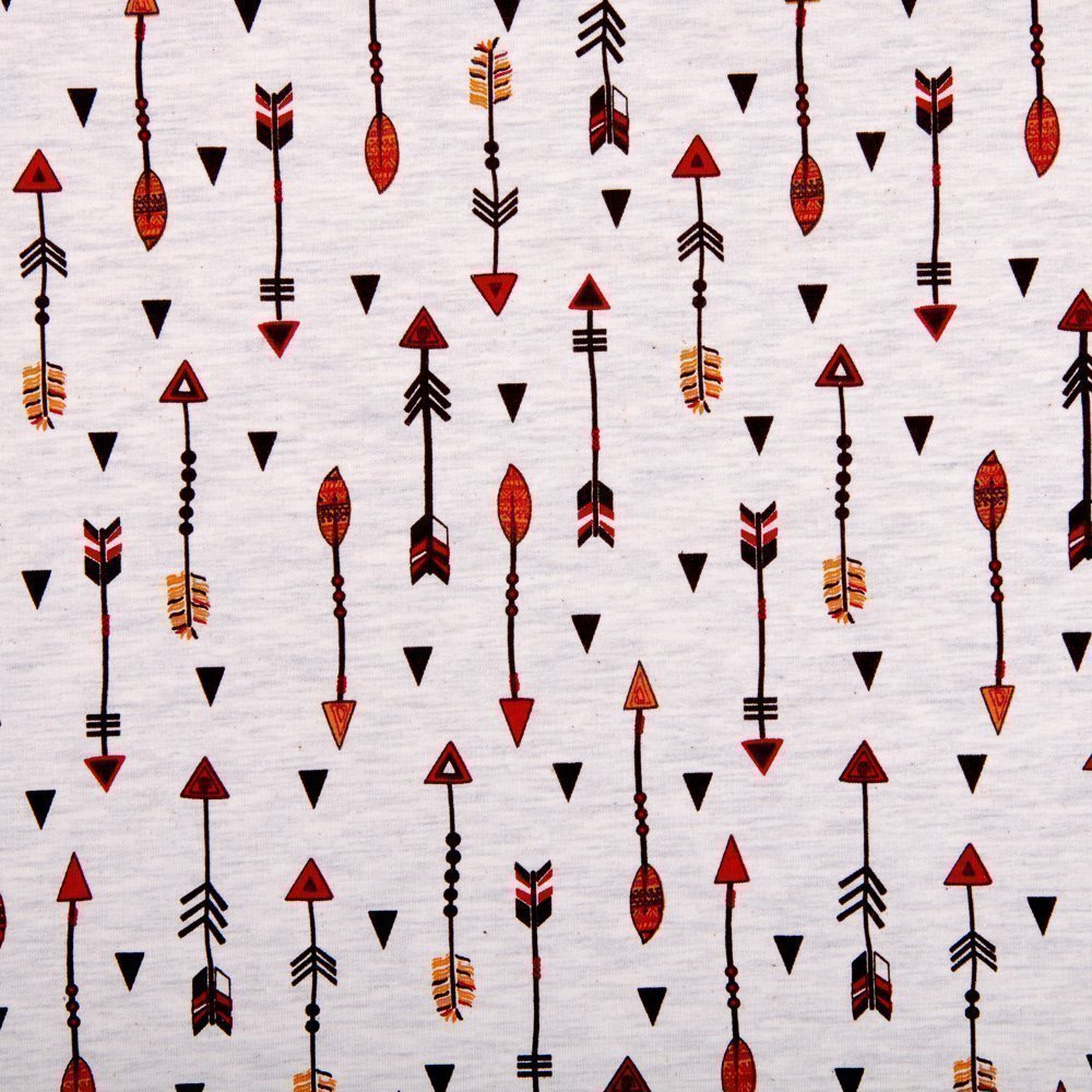 Tissu Jersey Coton Beige chiné Flèches Marrons, rouges et jaunes