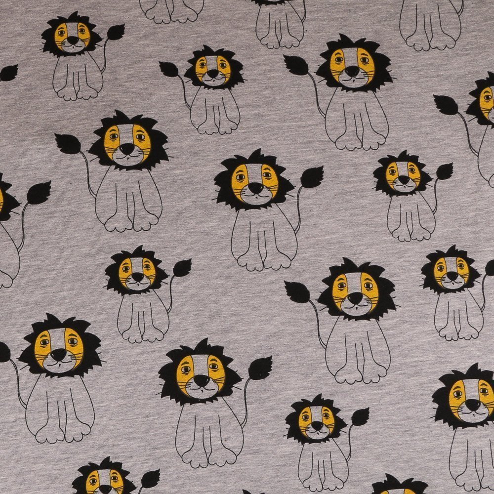 Tissu Jersey Coton Gris chiné Lions Jaunes et noirs