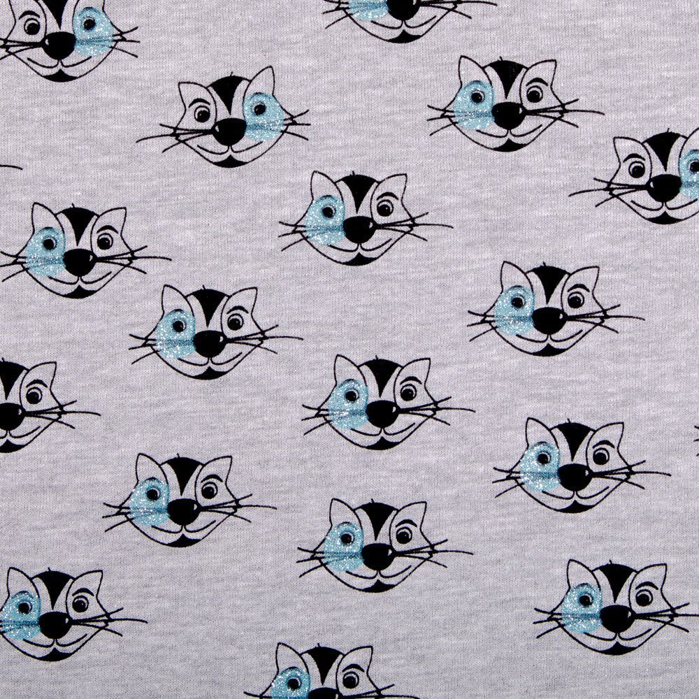 Tissu Sweat Gris chiné Chats à paillettes Noirs et bleus