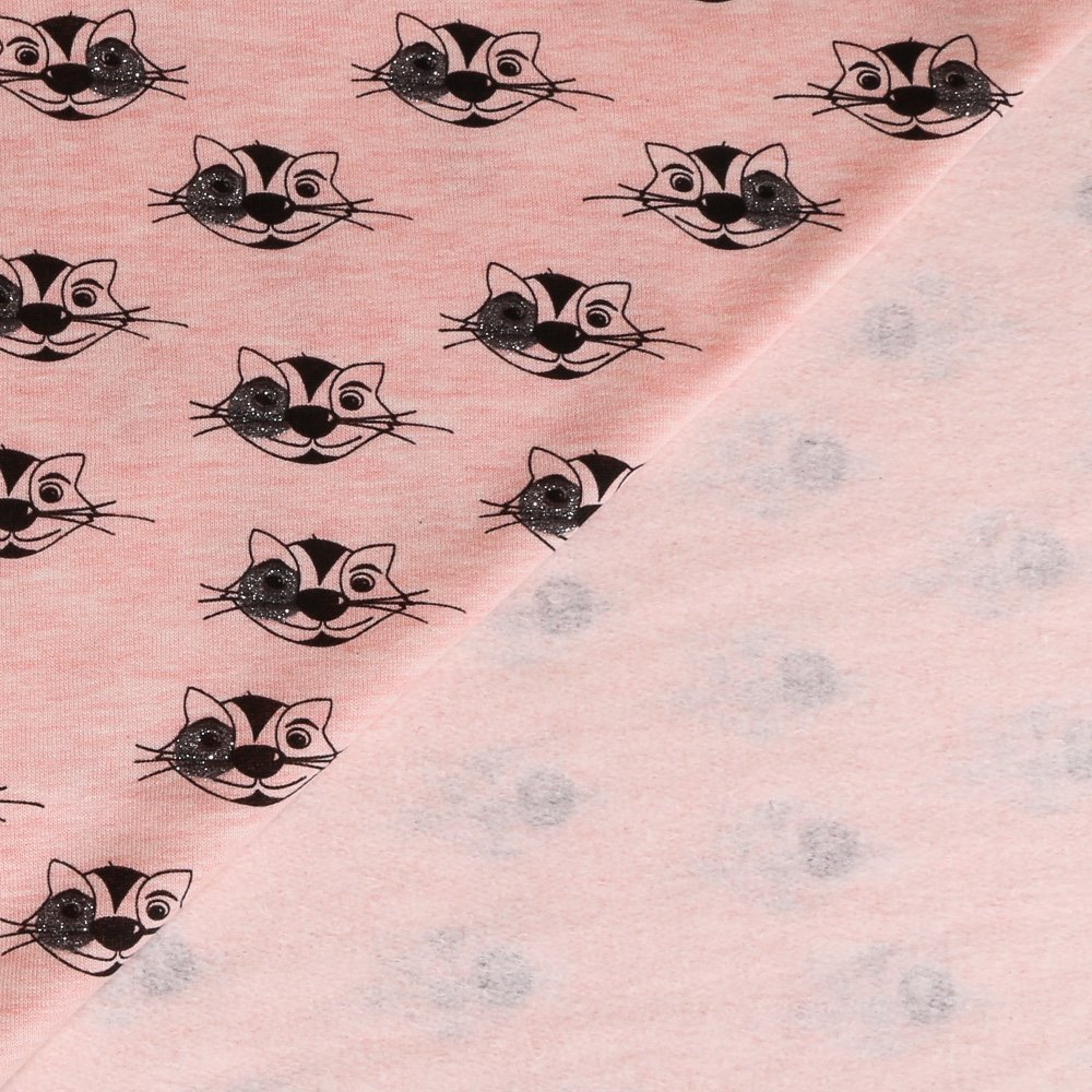Tissu Sweat Rose chiné Chats Noirs