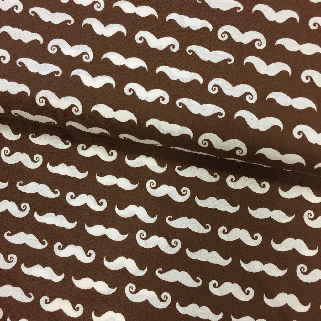 Tissu Popeline imprimée Marron Moustaches Blanches