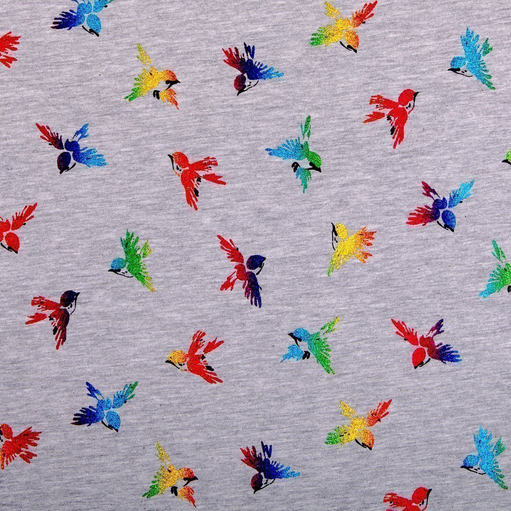Tissu Jersey Coton Gris chiné Oiseaux Multicolores brillants