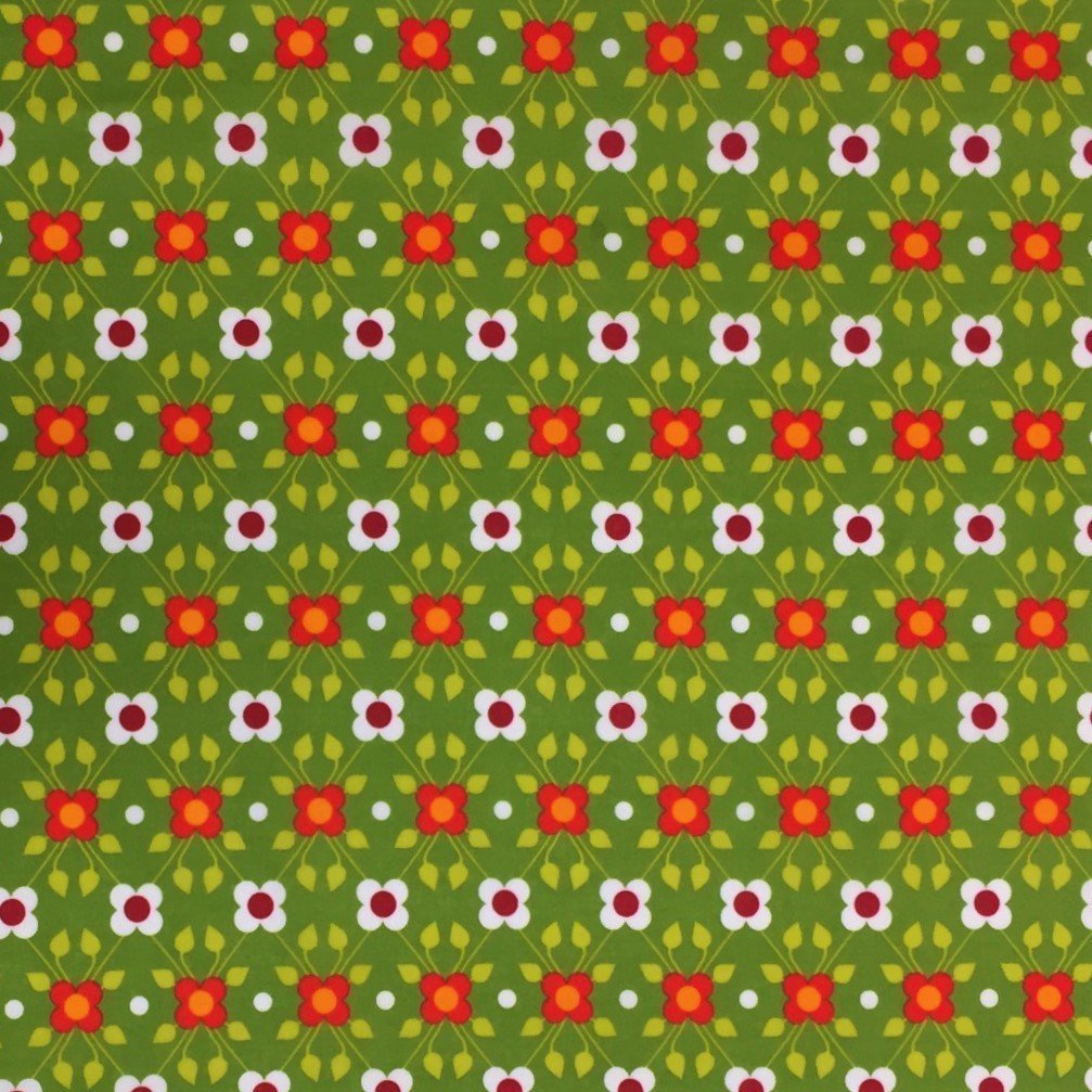 Tissu Coton enduit Vert Fleurs Blanches et rouges