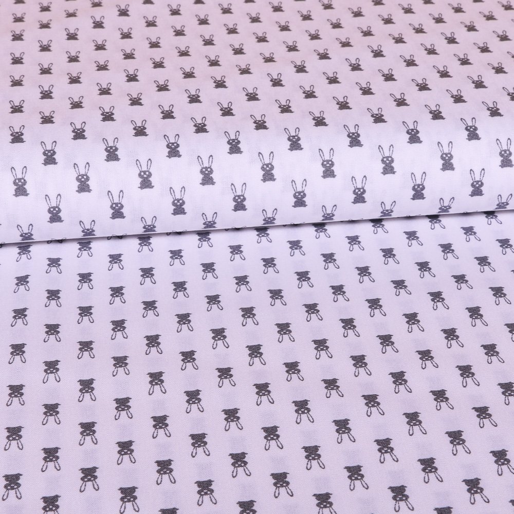 Tissu Coton LittleBird Blanc Lapins Gris