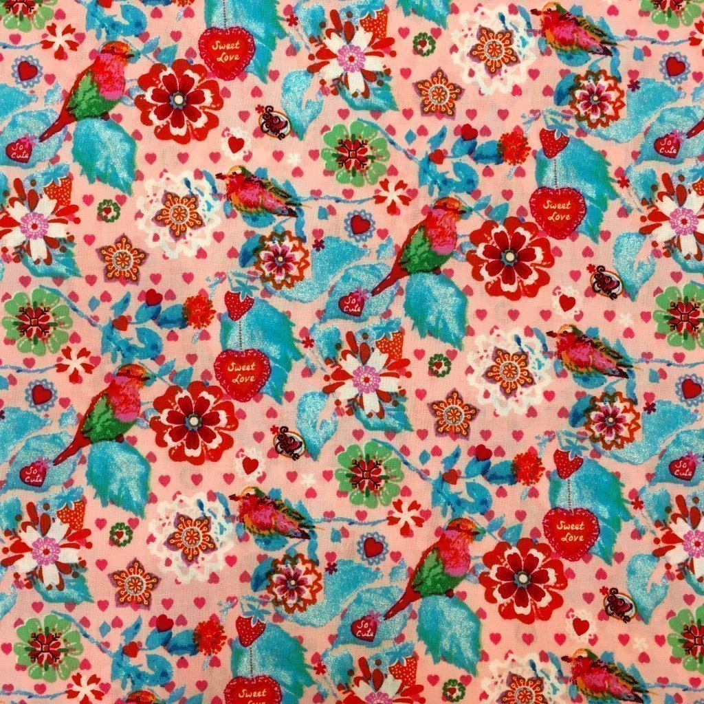 Tissu Coton imprimé Rose pâle Fleurs Roses et bleues