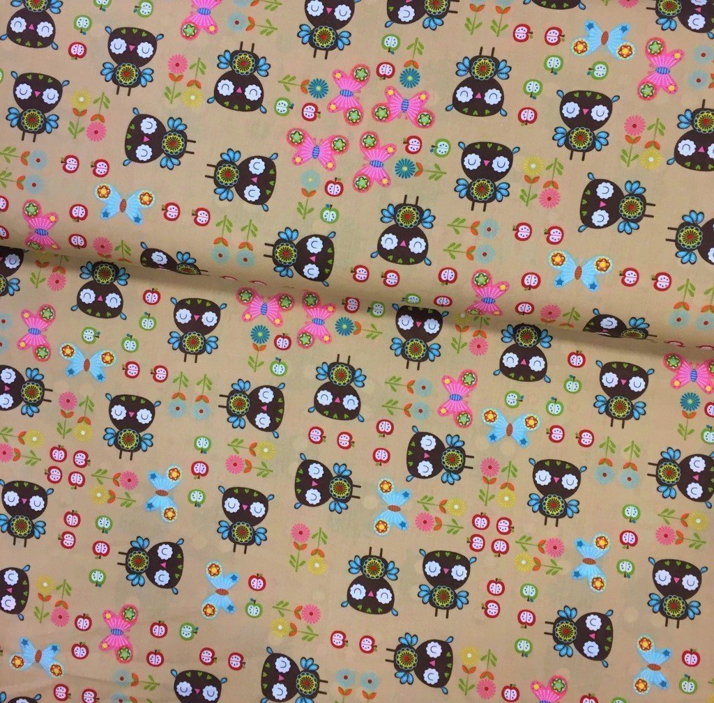 Tissu Popeline imprimée Taupe Papillons Multicolores