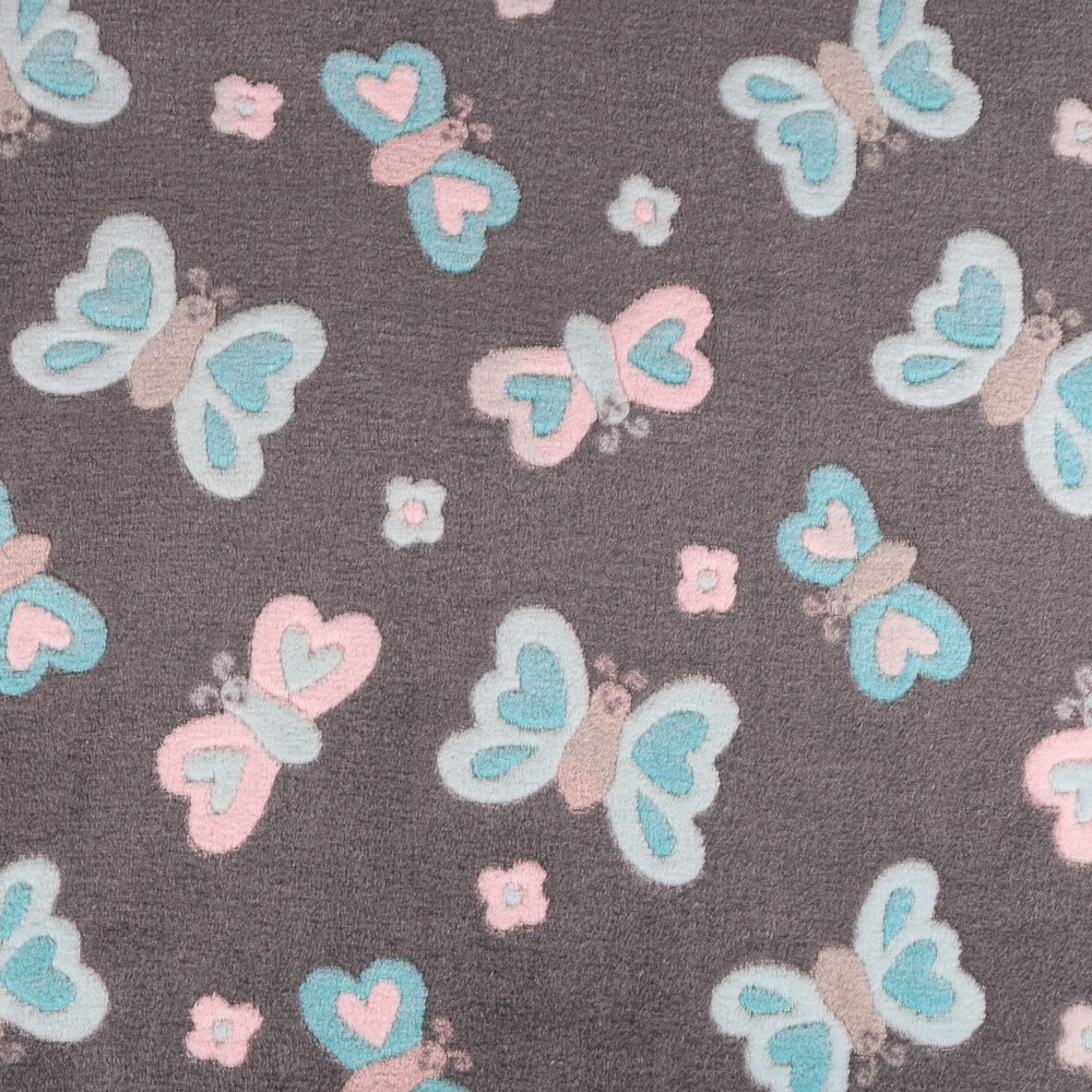 Tissu Doudou Anthracite Papillons Bleus et roses