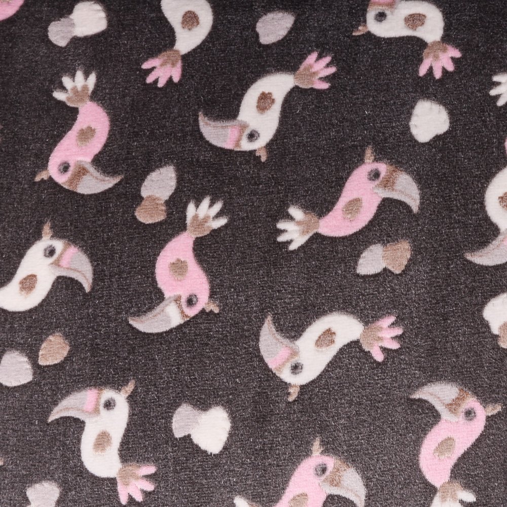 Tissu Doudou Anthracite Toucans Gris et roses