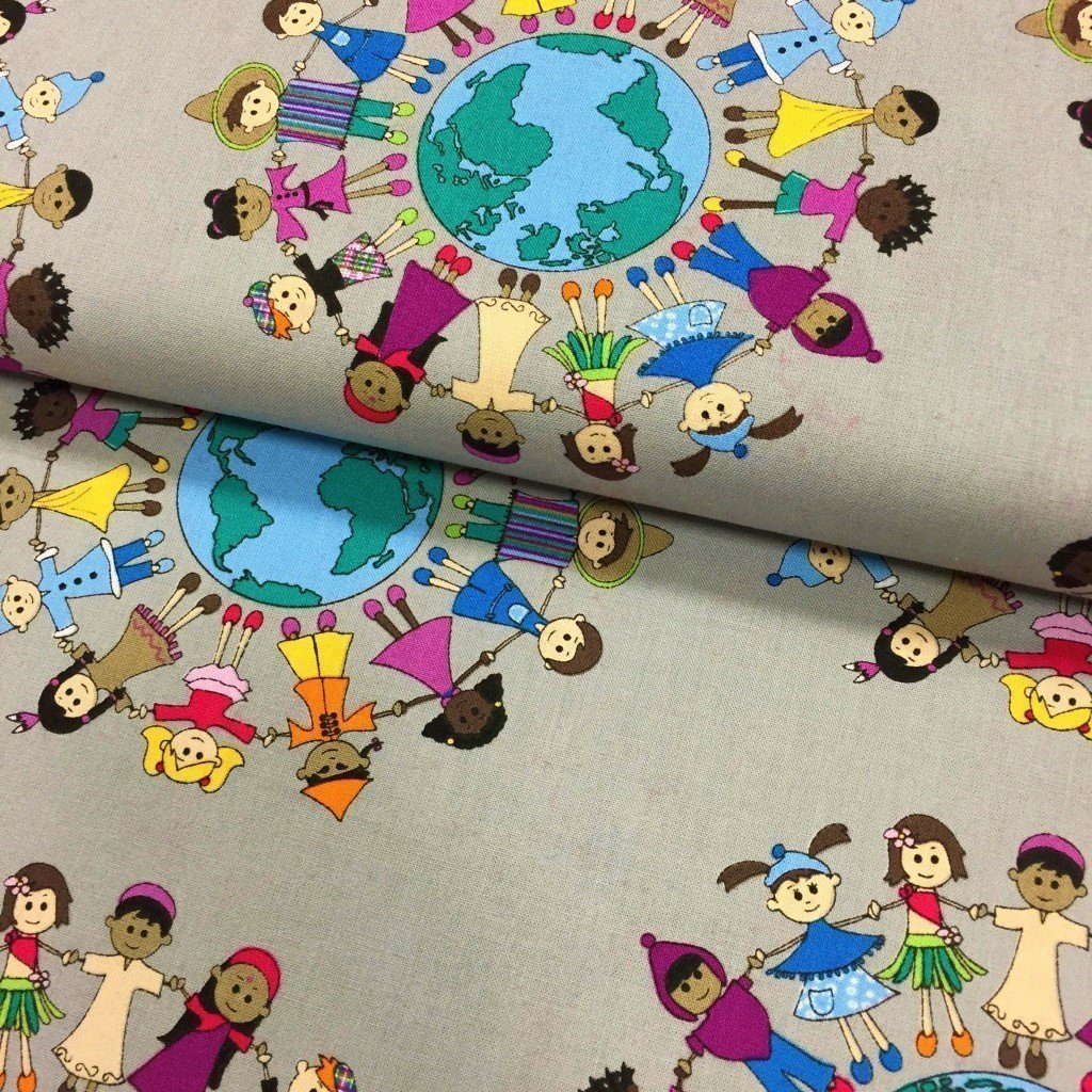 Tissu Popeline imprimée Gris Globe-trotteurs Verts et bleus