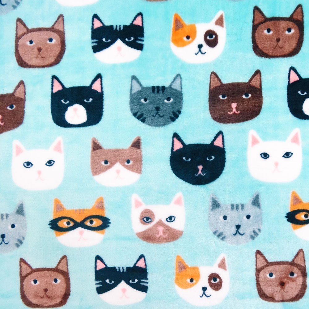 Tissu Doudou Vert opaline Têtes de chats