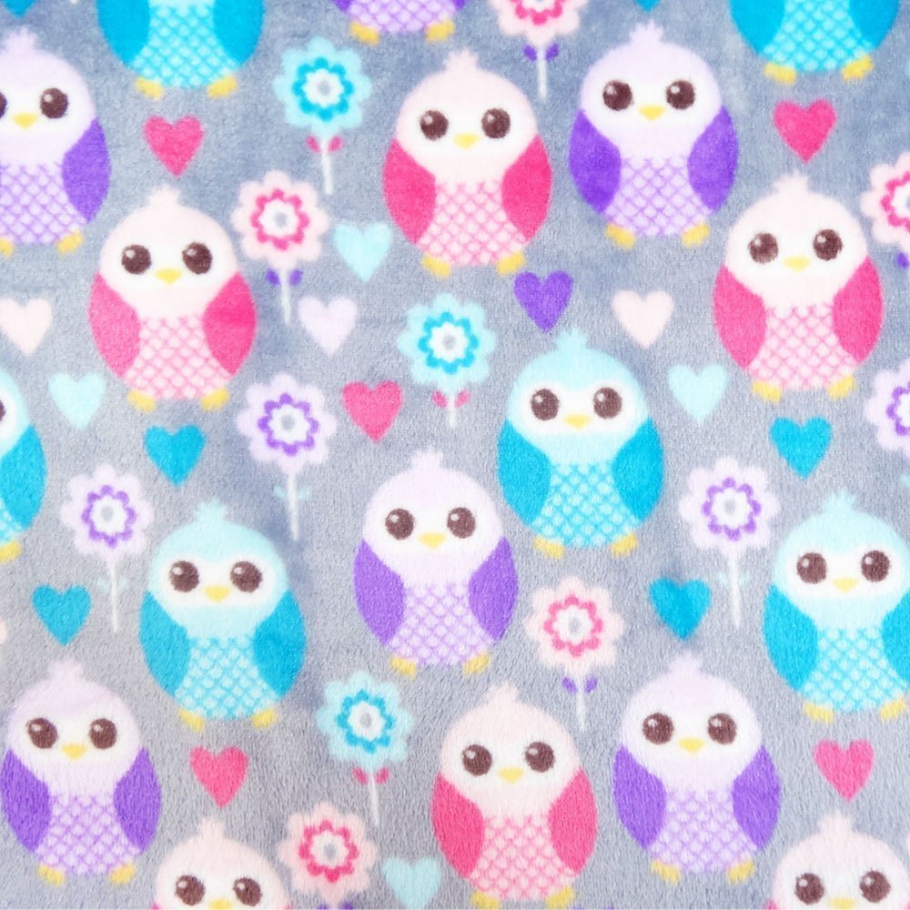 Tissu Doudou Gris Chouettes Roses et violettes