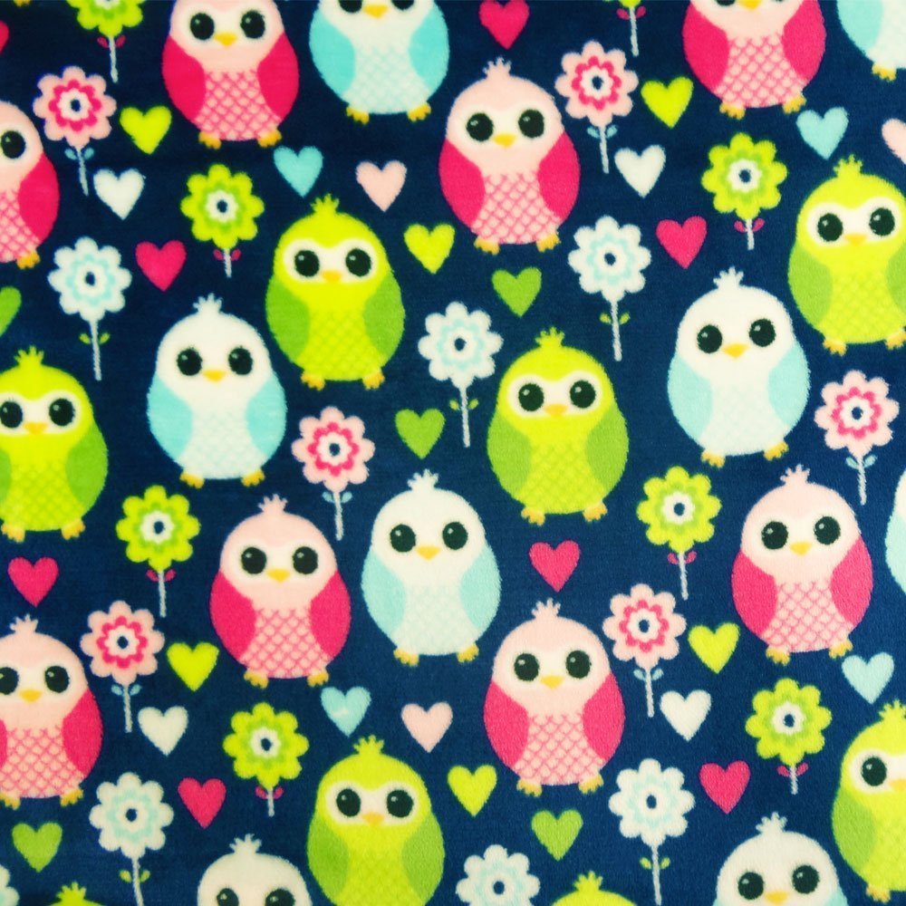 Tissu Doudou Bleu marine Chouettes Vertes et roses
