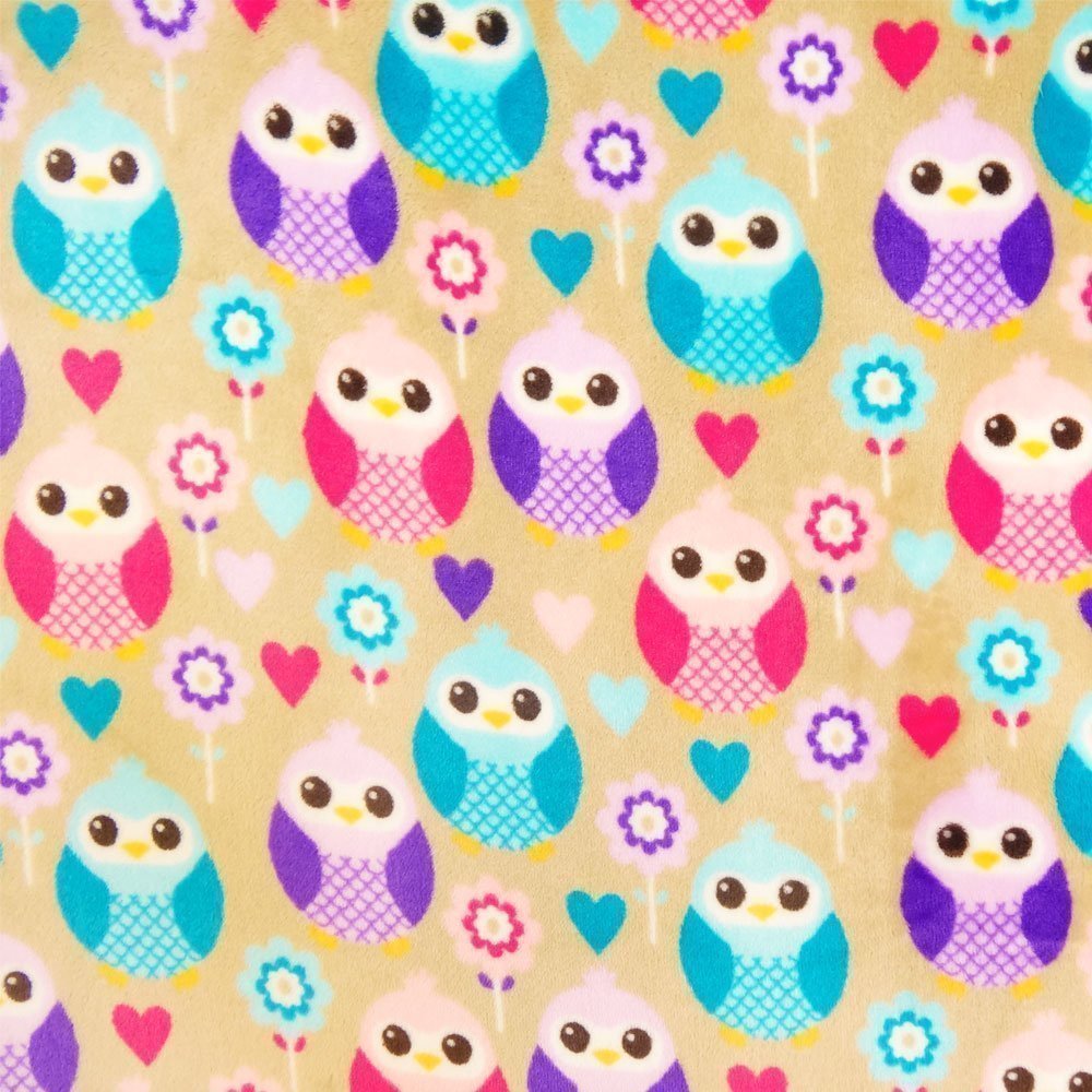 Tissu Doudou Beige Chouettes Bleus et roses