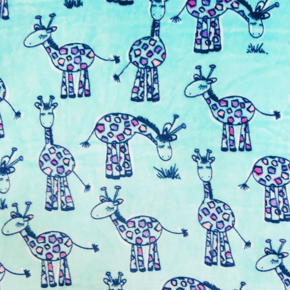 Tissu Doudou Vert opaline Girafe Violettes