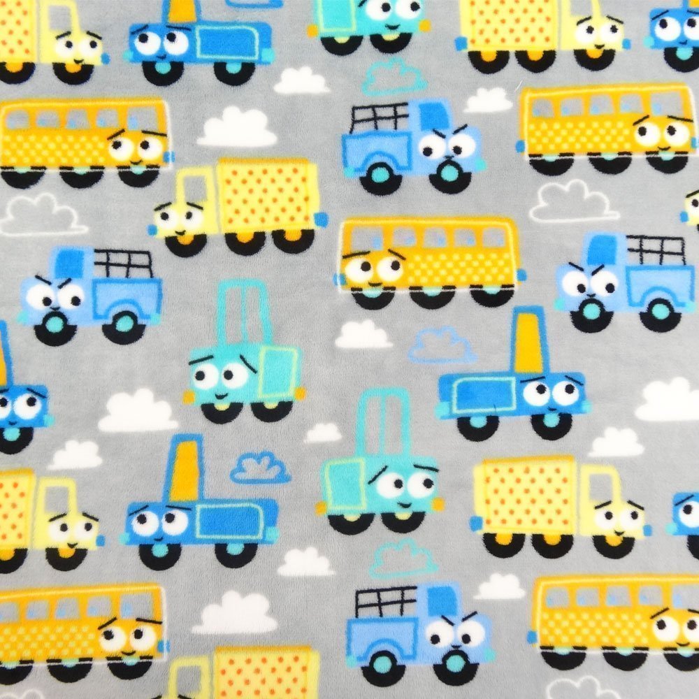 Tissu Doudou Gris Camions Multicolores