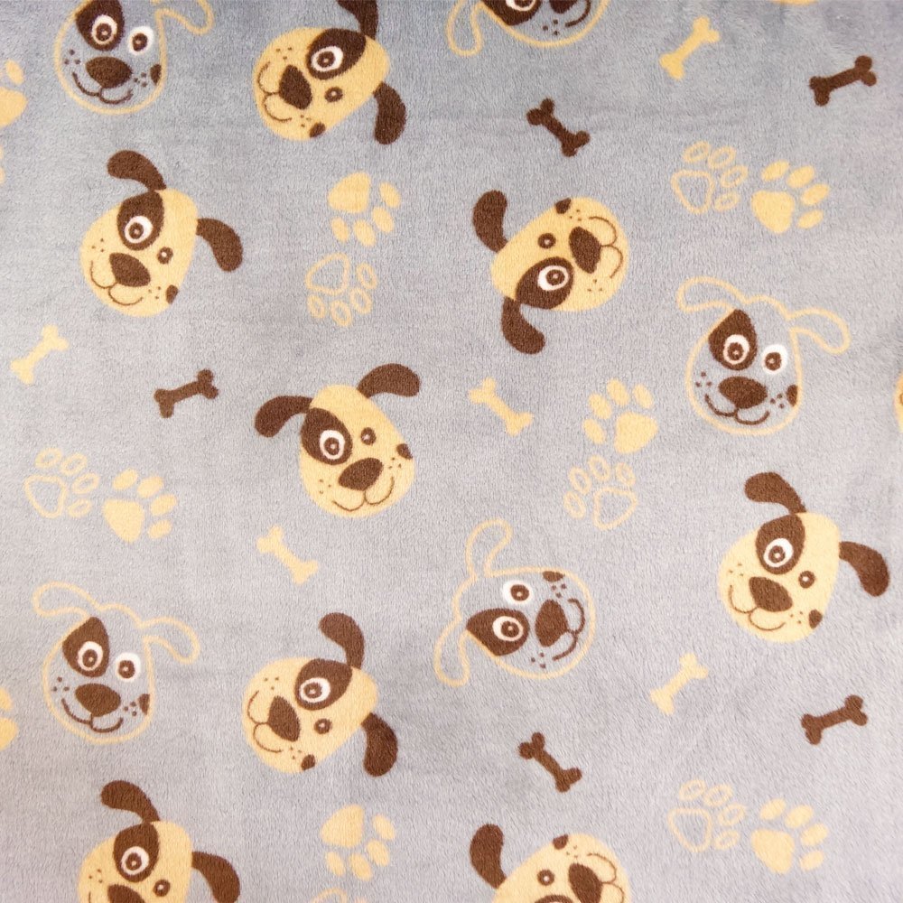 Tissu Doudou Gris clair Chiens et os Marron