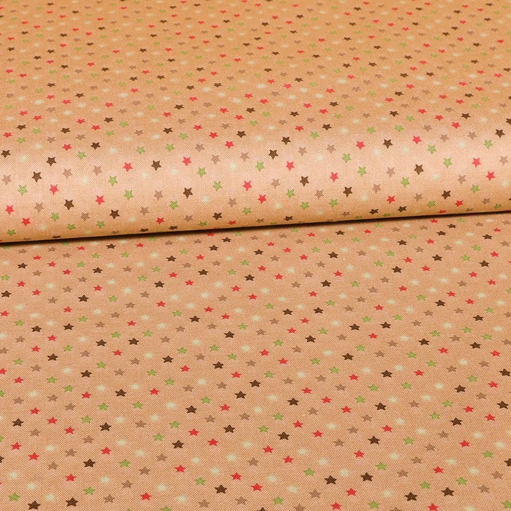 Tissu Coton LittleBird Beige Etoiles 3mm Vertes, rouges et marrons