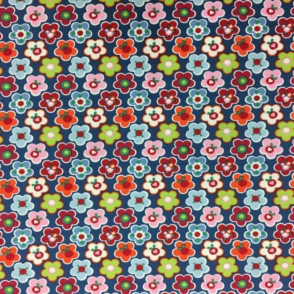 Tissu Jersey Coton Bleu jean Fleurs Muticolores