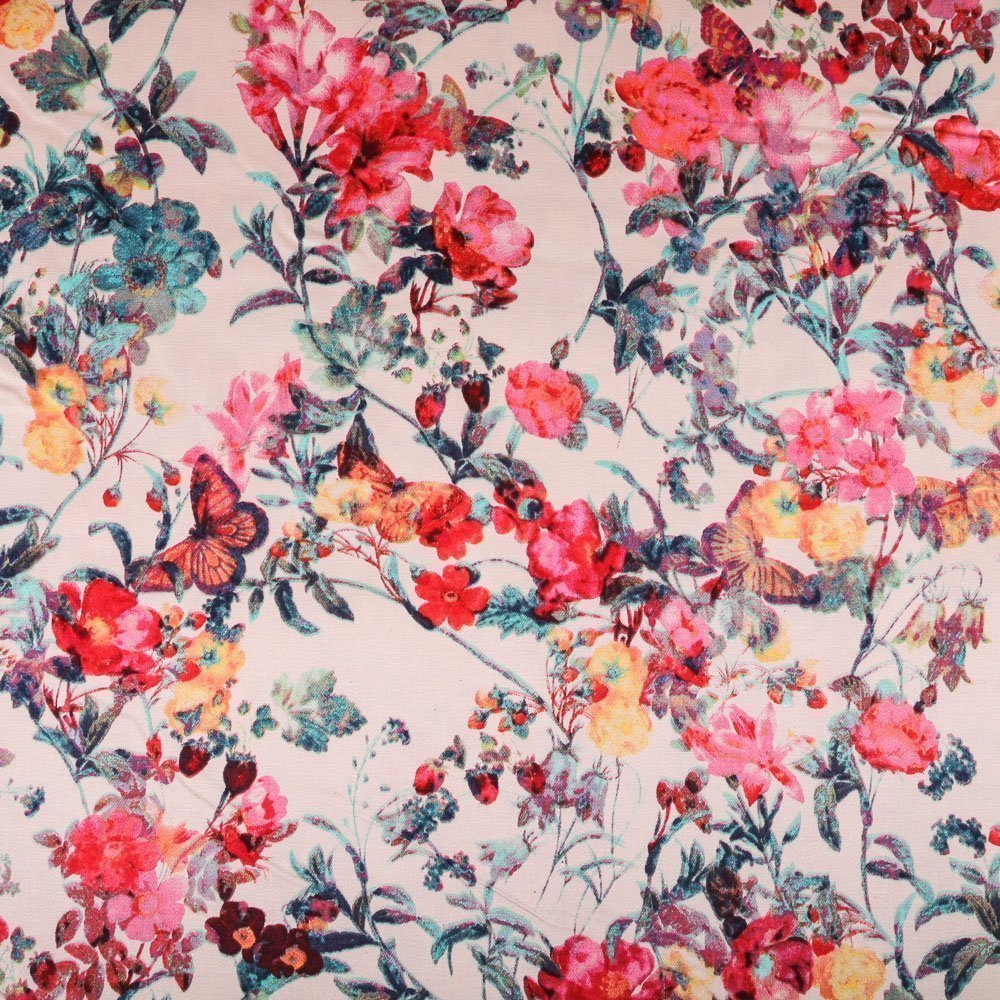 Tissu Coton Satiné léger Ecru Fleurs et papillons Pastel