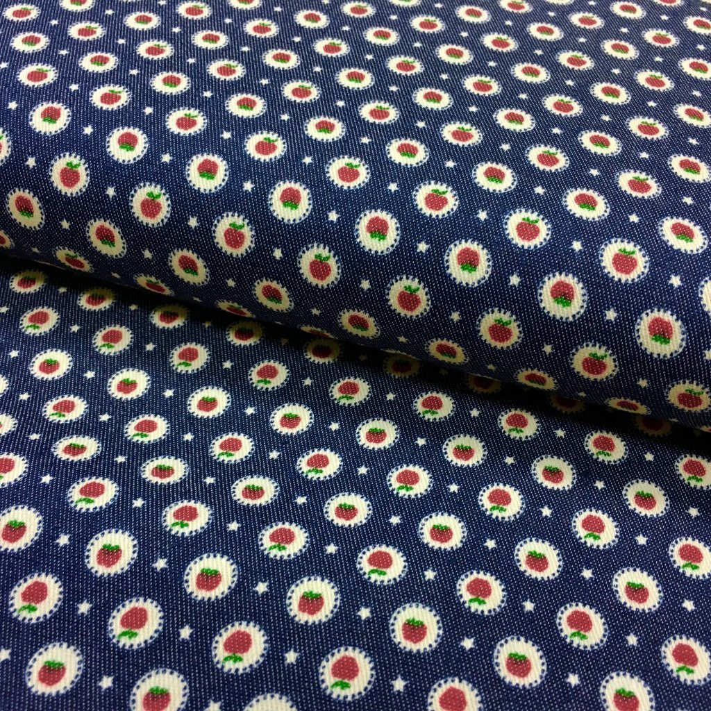 Tissu Denim stretch Bleu jean foncé Pommes Rouges et vertes