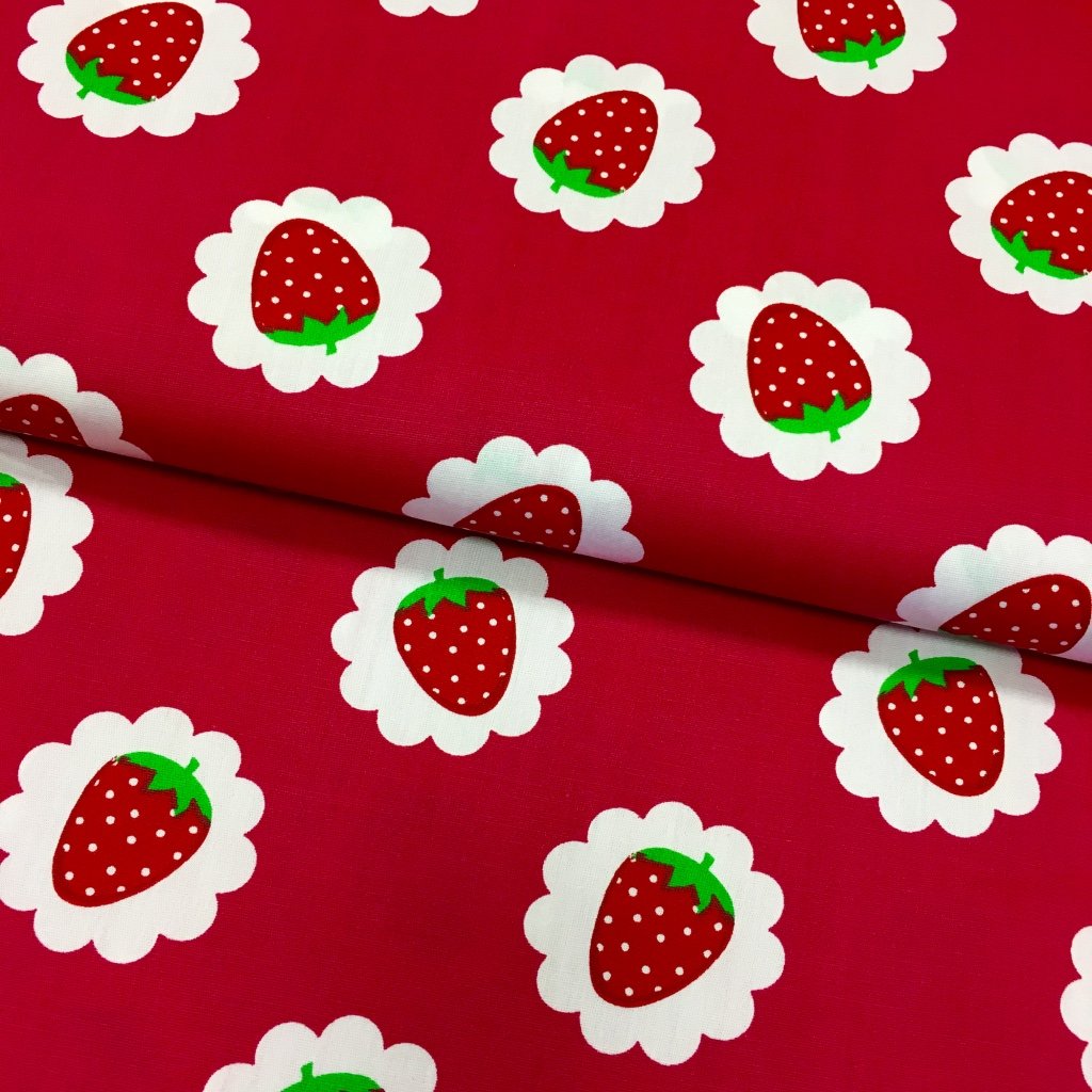 Tissu Popeline imprimée Rose Fraises Rouges