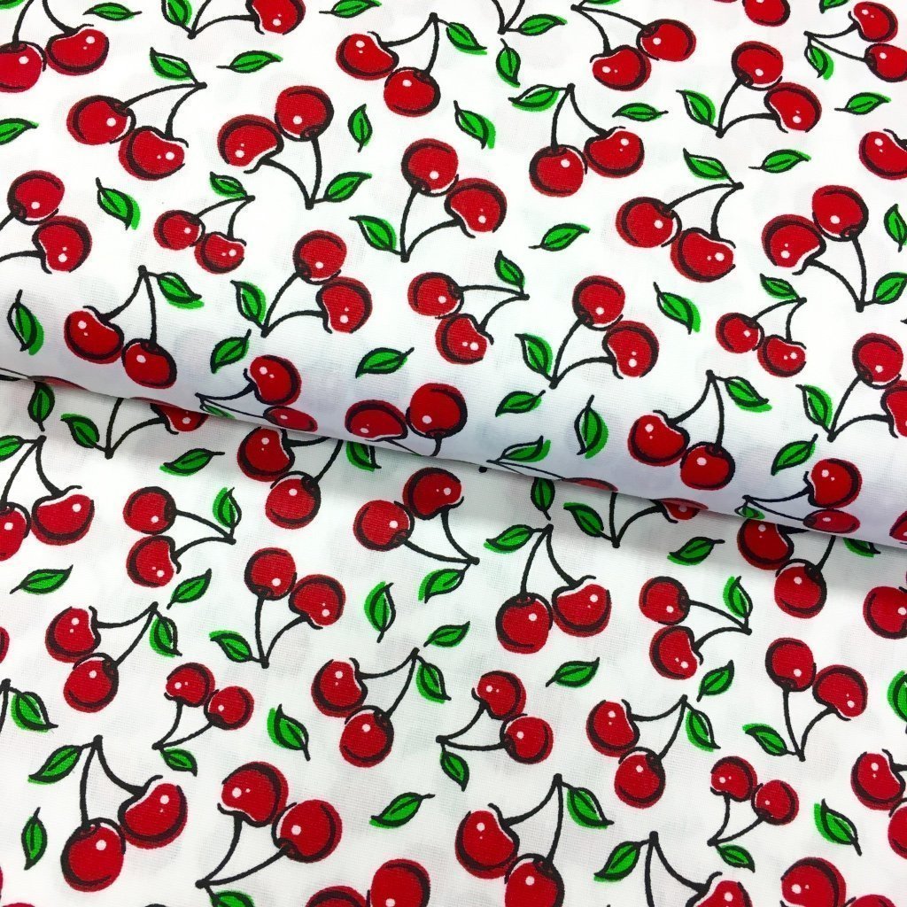 Tissu Popeline imprimée Blanc Cerises Rouges